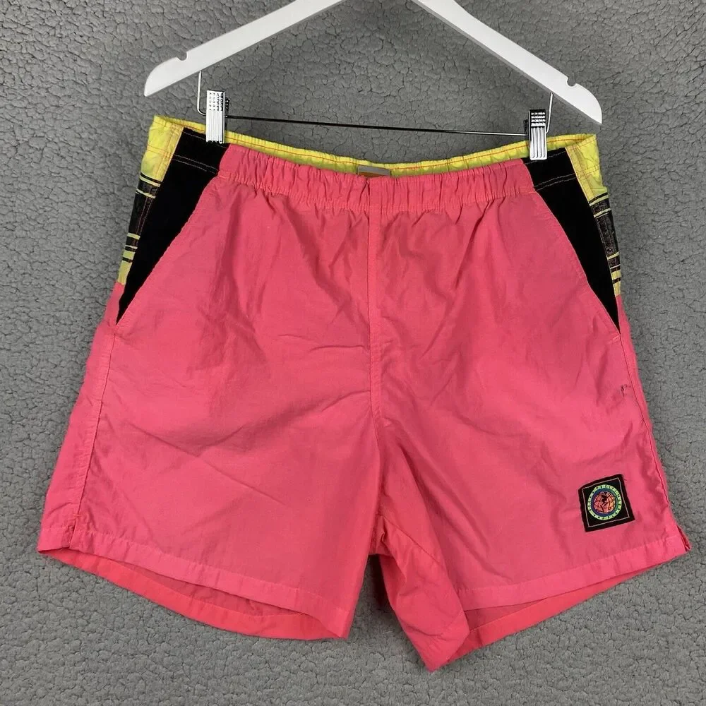 Ocean Pacific Men's Bathing Suit Swim Trunks One‎ Planet Pink Neon L 90s  Nylon